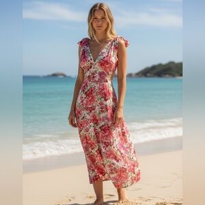 by AMICA HALTER STYLE V-NECK CRUISE RESORT PINK &RED FLORAL MAXI DRESS SZ 10 NWT